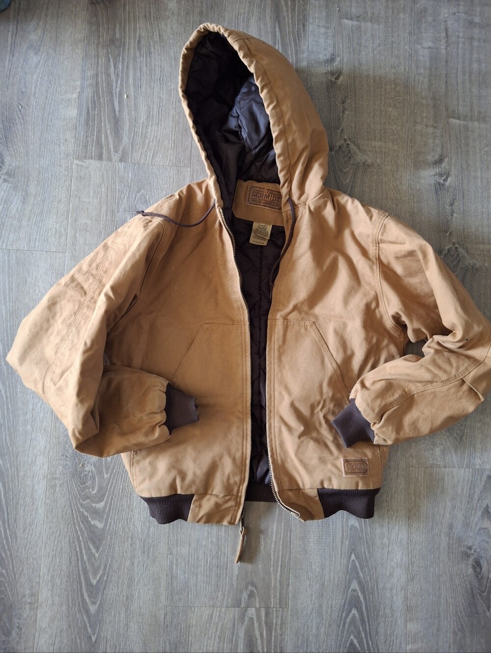 C.E. Schmidt Workwear Quilt Lined Canvas Hoodie Jacket Mens Small Brown